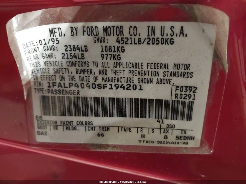 1995 Ford Mustang VIN: 1FALP4040SF194201 Lot: 43809406