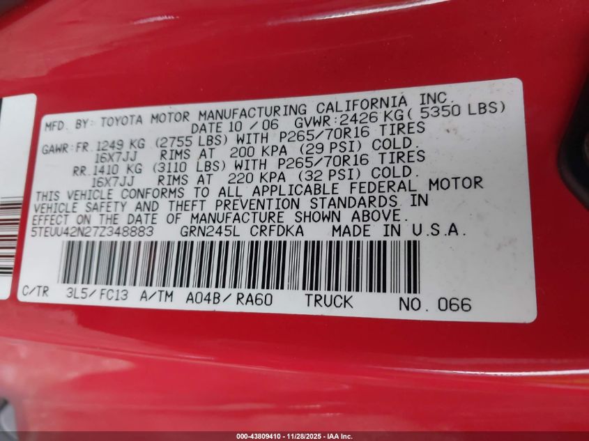2007 Toyota Tacoma Base V6 VIN: 5TEUU42N27Z348883 Lot: 43809410
