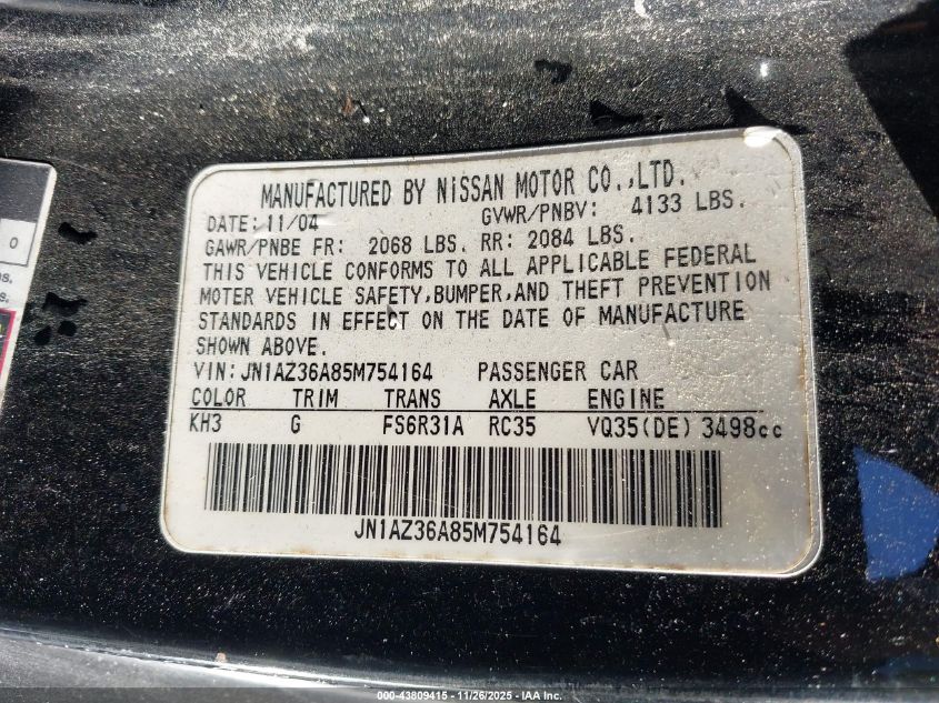 2005 Nissan 350Z Touring VIN: JN1AZ36A85M754164 Lot: 43809415