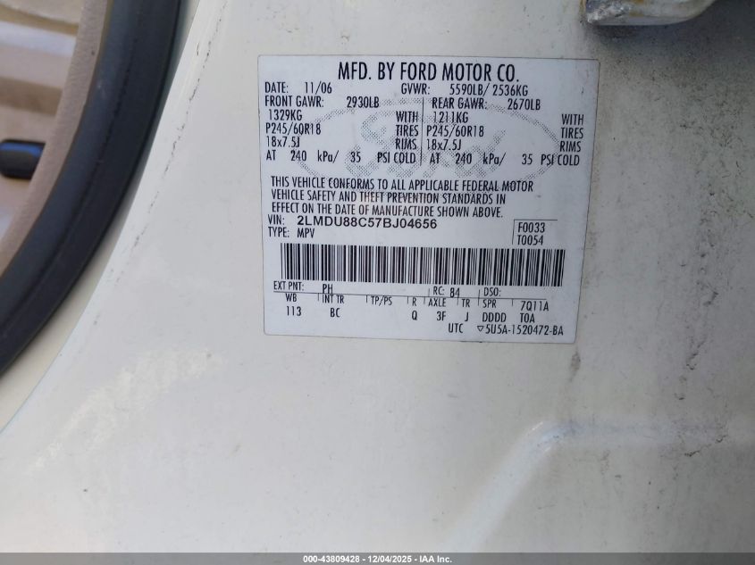 2007 Lincoln Mkx VIN: 2LMDU88C57BJ04656 Lot: 43809428