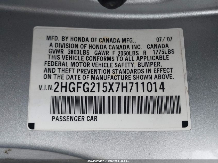 2007 Honda Civic Si VIN: 2HGFG215X7H711014 Lot: 43809437
