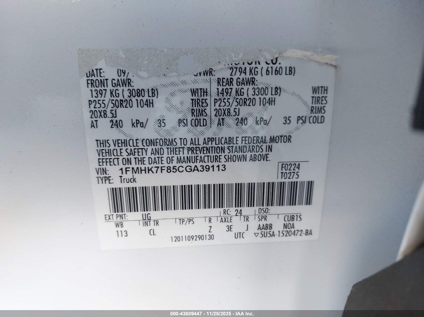 2012 Ford Explorer Limited VIN: 1FMHK7F85CGA39113 Lot: 43809447