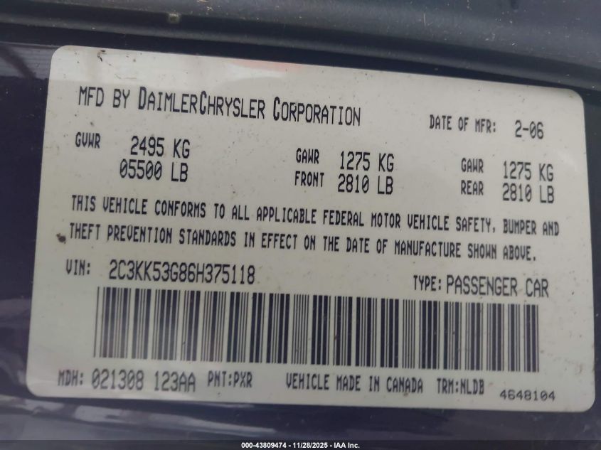2006 Chrysler 300 Touring VIN: 2C3KK53G86H375118 Lot: 43809474
