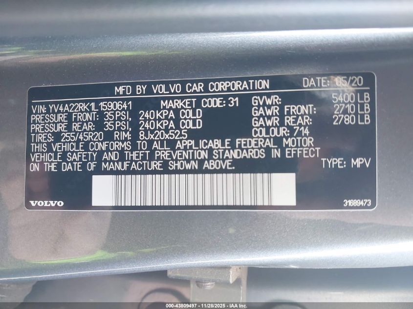 2020 Volvo Xc60 T6 Momentum VIN: YV4A22RK1L1590641 Lot: 43809497