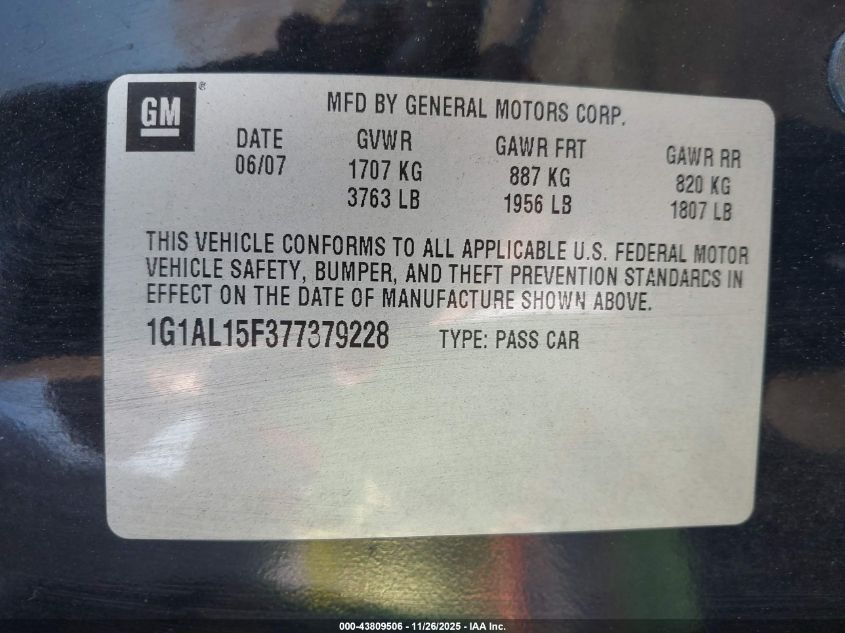 2007 Chevrolet Cobalt Lt VIN: 1G1AL15F377379228 Lot: 43809506