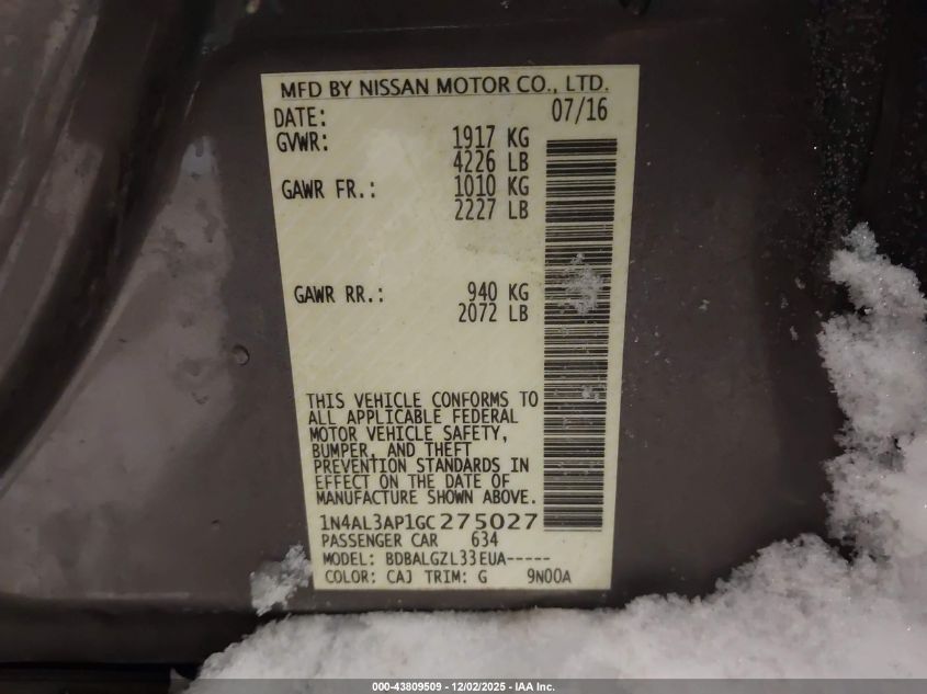 2016 Nissan Altima 2.5 S VIN: 1N4AL3AP1GC275027 Lot: 43809509