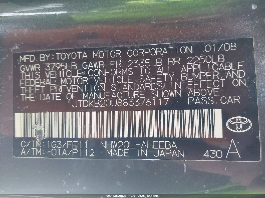 2008 Toyota Prius VIN: JTDKB20U883376117 Lot: 43809522