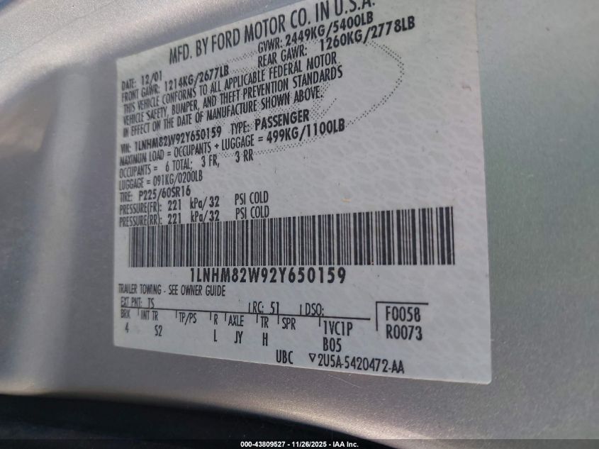 2002 Lincoln Town Car Signature VIN: 1LNHM82W92Y650159 Lot: 43809527