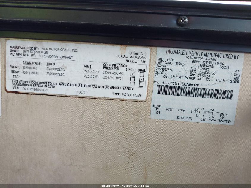 2011 Ford F53 VIN: 1F66F5DY9B0A00378 Lot: 43809529