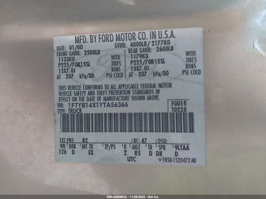 2000 Ford Ranger Xlt VIN: 1FTYR14X1YTA56366 Lot: 43809533