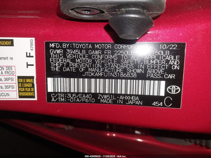 2022 Toyota Prius Limited VIN: JTDKAMFU1N3186838 Lot: 43809535