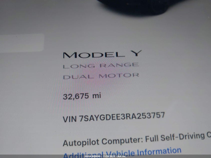 2024 Tesla Model Y Long Range Dual Motor All-Wheel Drive VIN: 7SAYGDEE3RA253757 Lot: 43809545