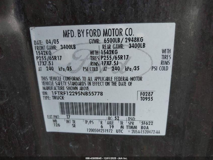 2005 Ford F-150 Stx/Xl/Xlt VIN: 1FTRF12295NB55778 Lot: 43809549