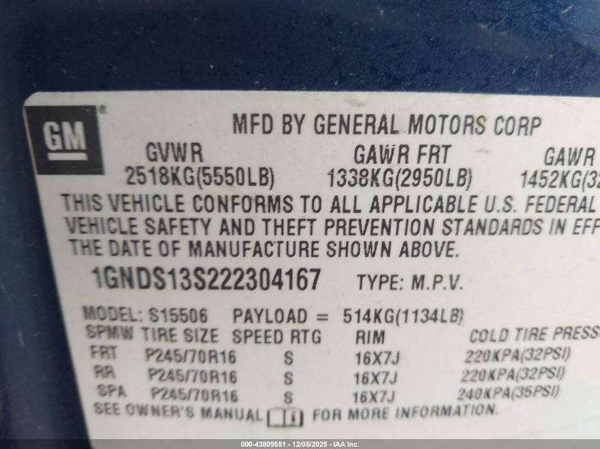 2002 Chevrolet Trailblazer Ls VIN: 1GNDS13S222304167 Lot: 43809551