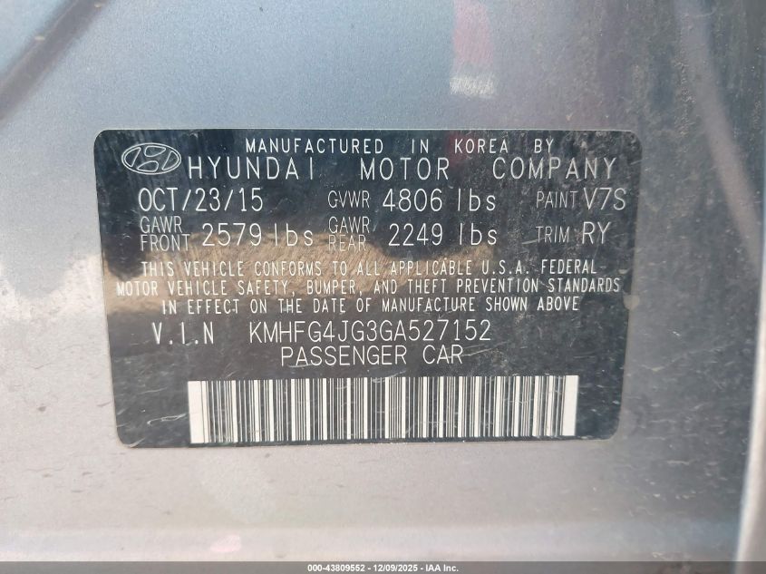 2016 Hyundai Azera VIN: KMHFG4JG3GA527152 Lot: 43809552