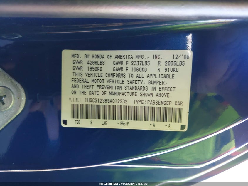 2009 Honda Accord 2.4 Lx-S VIN: 1HGCS12369A012232 Lot: 43809561
