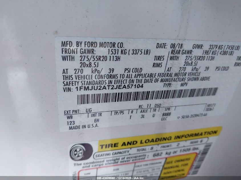 2018 Ford Expedition Limited VIN: 1FMJU2AT2JEA57104 Lot: 43809568