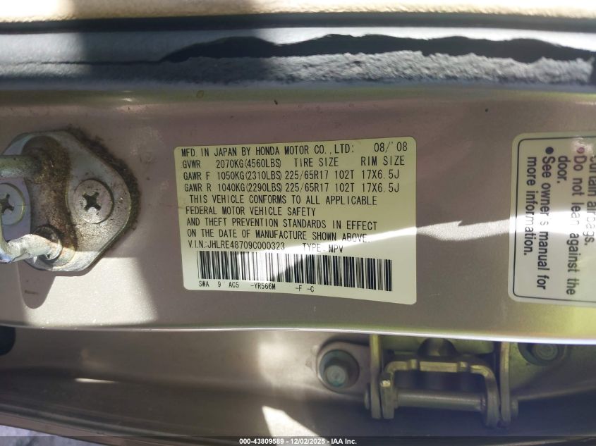 2009 Honda Cr-V Ex-L VIN: JHLRE48709C000323 Lot: 43809589