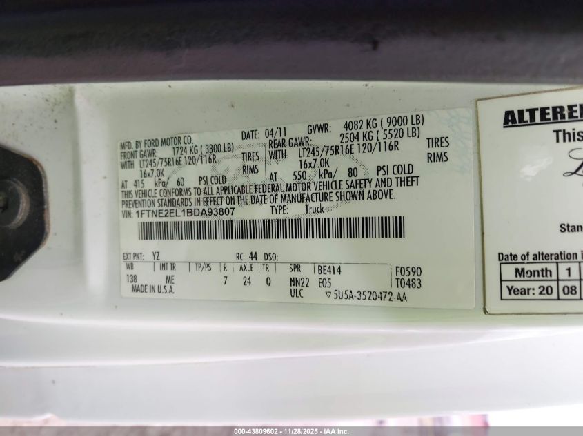 2011 Ford E-250 Commercial VIN: 1FTNE2EL1BDA93807 Lot: 43809602