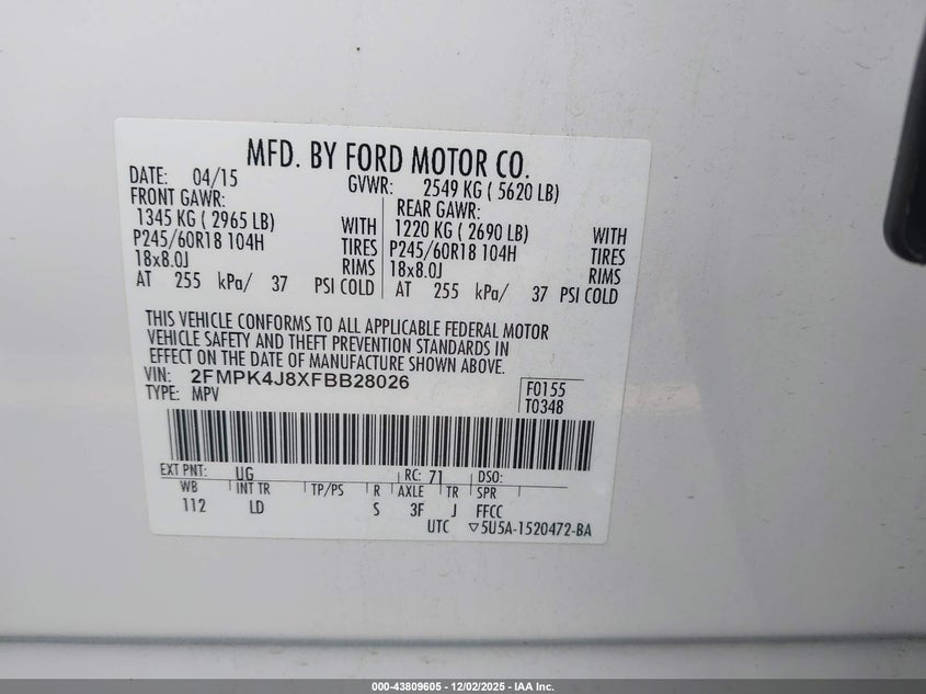 2FMPK4J8XFBB28026 2015 FORD EDGE photo no. 9