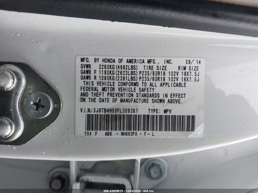 2015 Acura Rdx VIN: 5J8TB4H50FL009367 Lot: 43809619