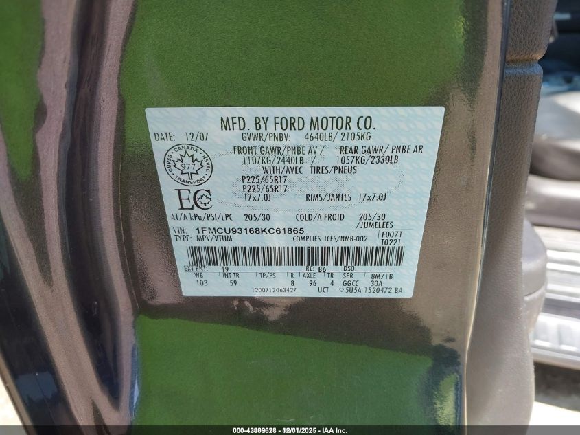 2008 Ford Escape Xlt VIN: 1FMCU93168KC61865 Lot: 43809628