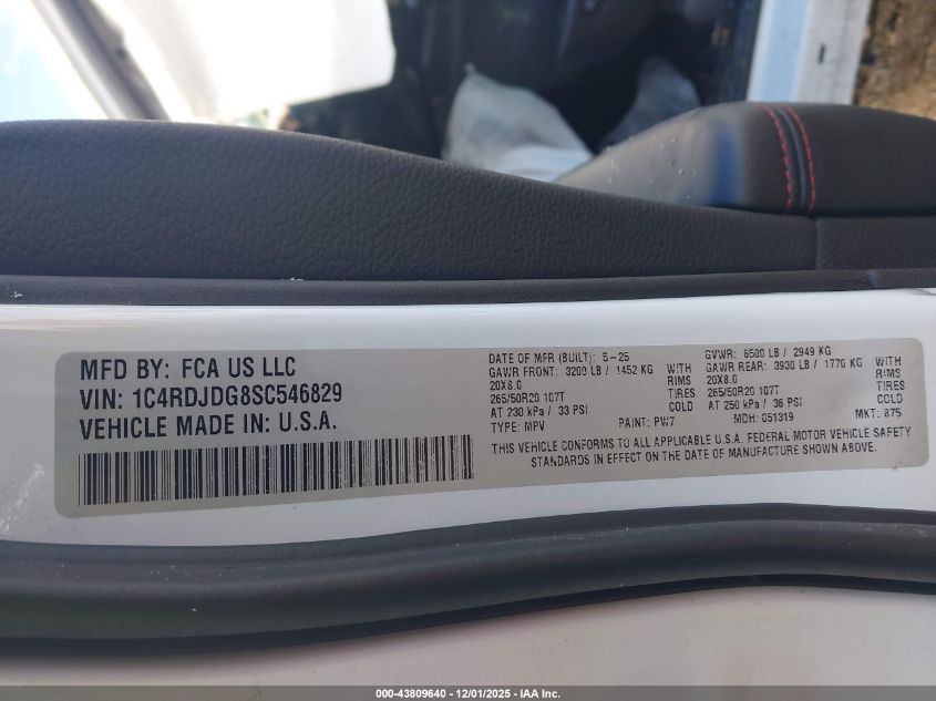 2025 Dodge Durango Gt Awd VIN: 1C4RDJDG8SC546829 Lot: 43809640