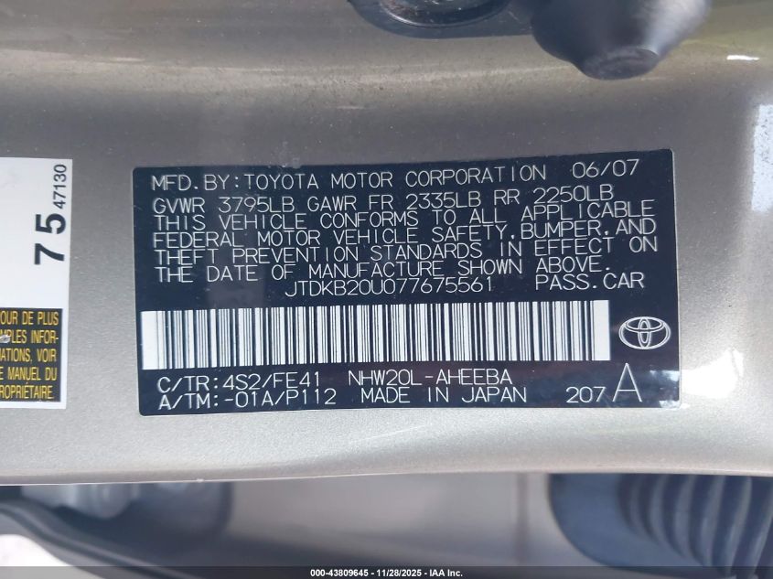 2007 Toyota Prius VIN: JTDKB20U077675561 Lot: 43809645