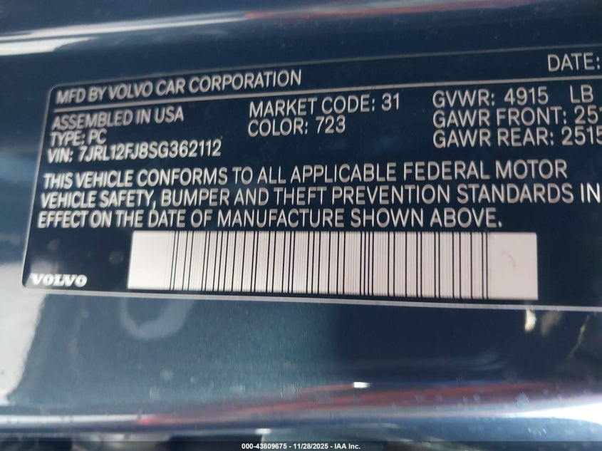 2025 Volvo S60 B5 Core VIN: 7JRL12FJ8SG362112 Lot: 43809675