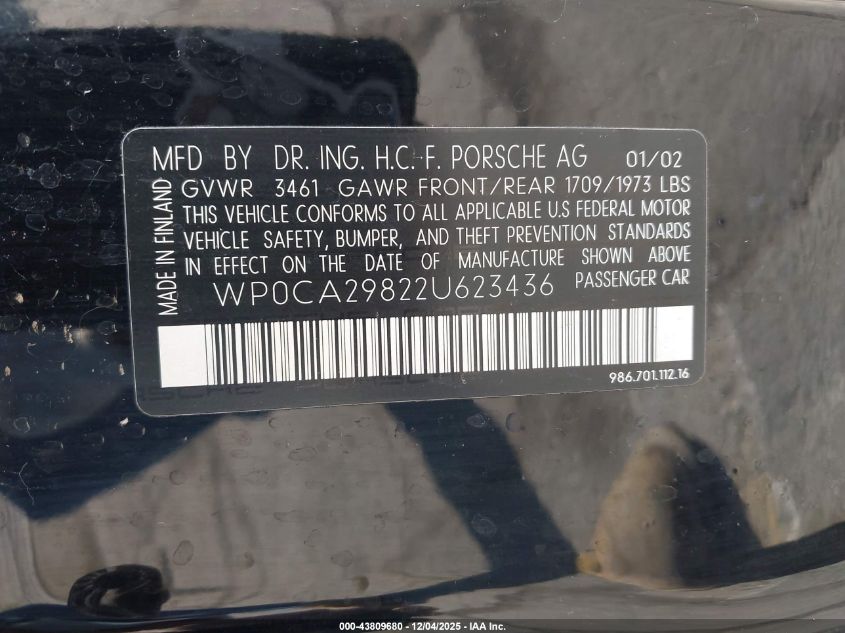 2002 Porsche Boxster VIN: WP0CA29822U623436 Lot: 43809680