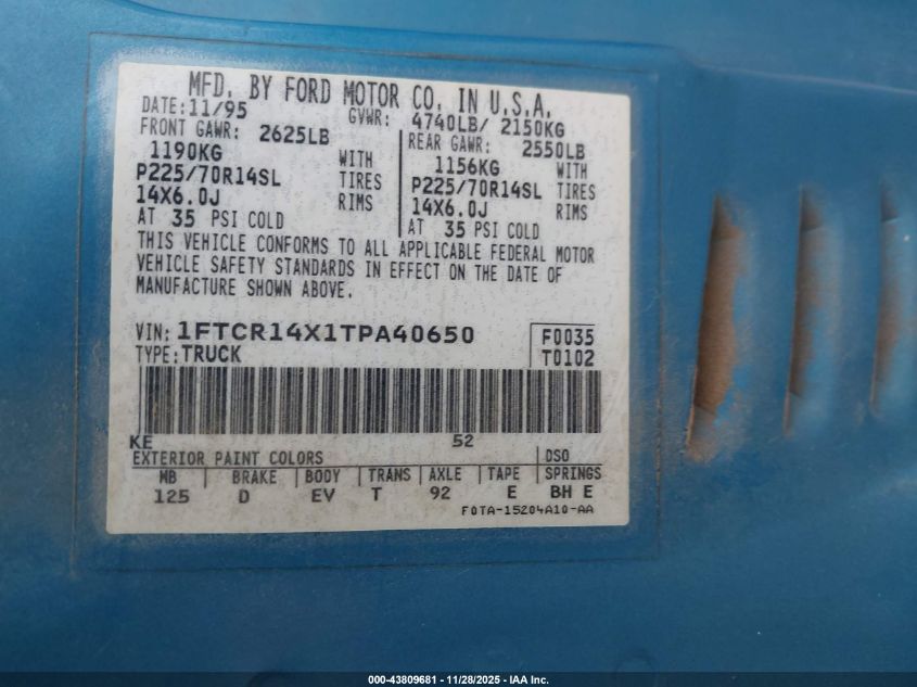 1996 Ford Ranger Super Cab VIN: 1FTCR14X1TPA40650 Lot: 43809681