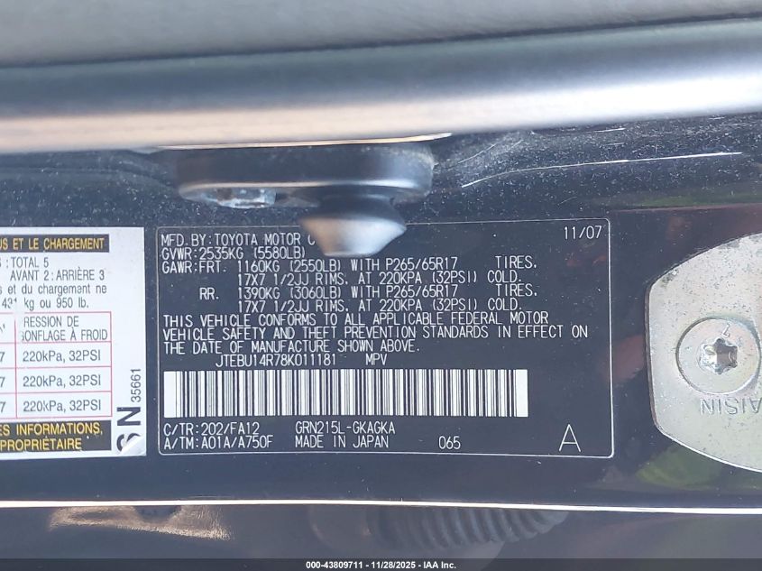 2008 Toyota 4Runner Sr5 V6 VIN: JTEBU14R78K011181 Lot: 43809711