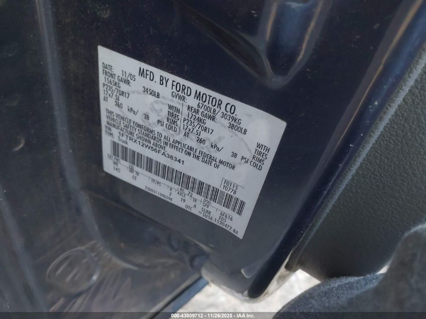 2006 Ford F-150 Stx/Xl/Xlt VIN: 1FTRX12W56FA38341 Lot: 43809712