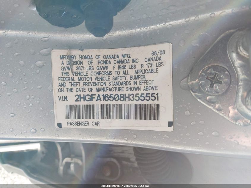 2008 Honda Civic Lx VIN: 2HGFA16508H355551 Lot: 43809716