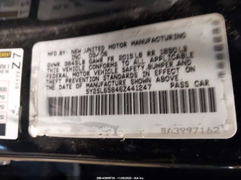 2006 Pontiac Vibe VIN: 5Y2SL65846Z441247 Lot: 43809735