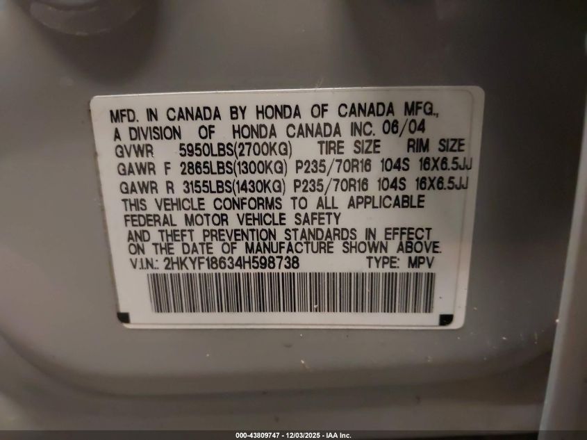2004 Honda Pilot Ex-L VIN: 2HKYF18634H598738 Lot: 43809747