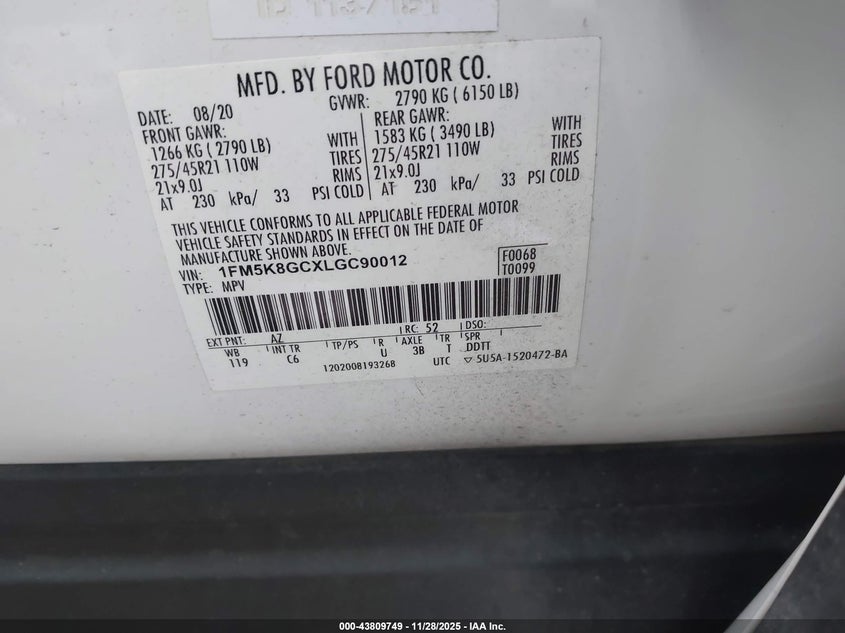 2020 Ford Explorer St VIN: 1FM5K8GCXLGC90012 Lot: 43809749