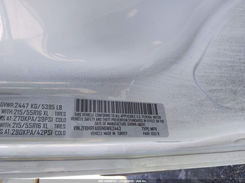 2022 Ram Promaster City Cargo Van VIN: ZFBHRFAB6N6W62443 Lot: 43809757