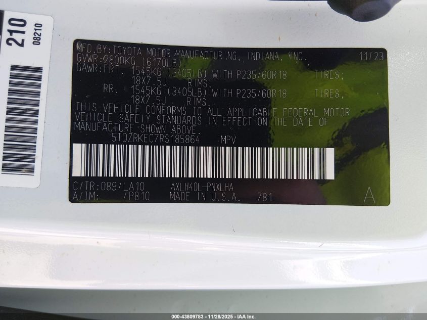 2024 Toyota Sienna Limited VIN: 5TDZRKEC7RS185864 Lot: 43809783