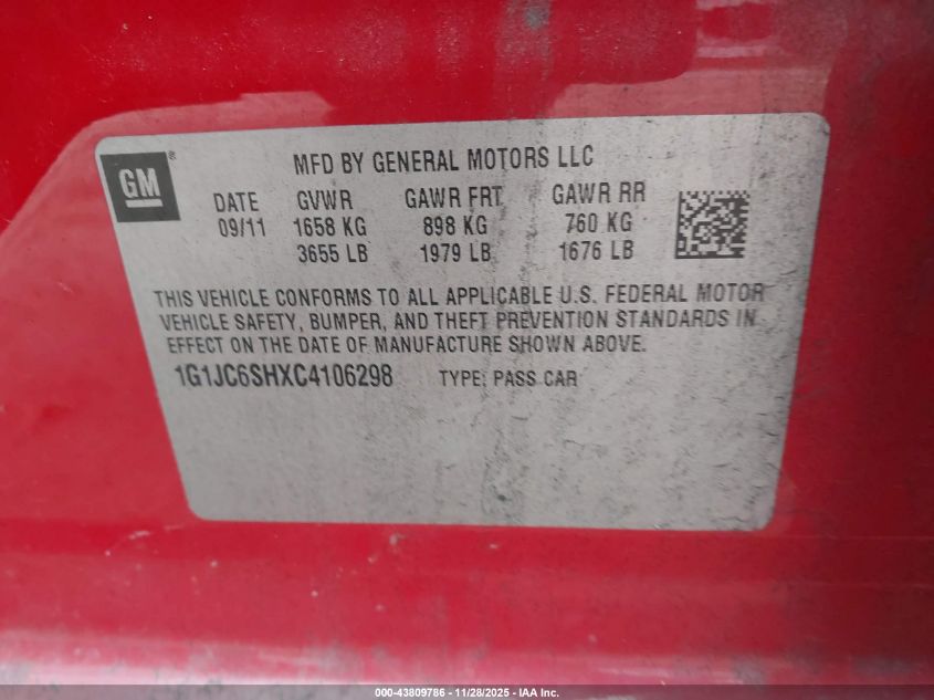 2012 Chevrolet Sonic 2Lt VIN: 1G1JC6SHXC4106298 Lot: 43809786