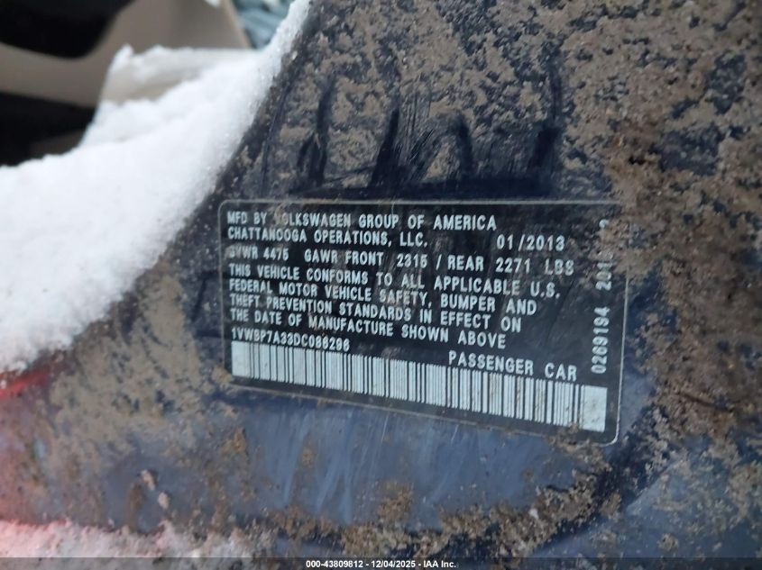 2013 Volkswagen Passat 2.5L Se VIN: 1VWBP7A33DC086296 Lot: 43809812