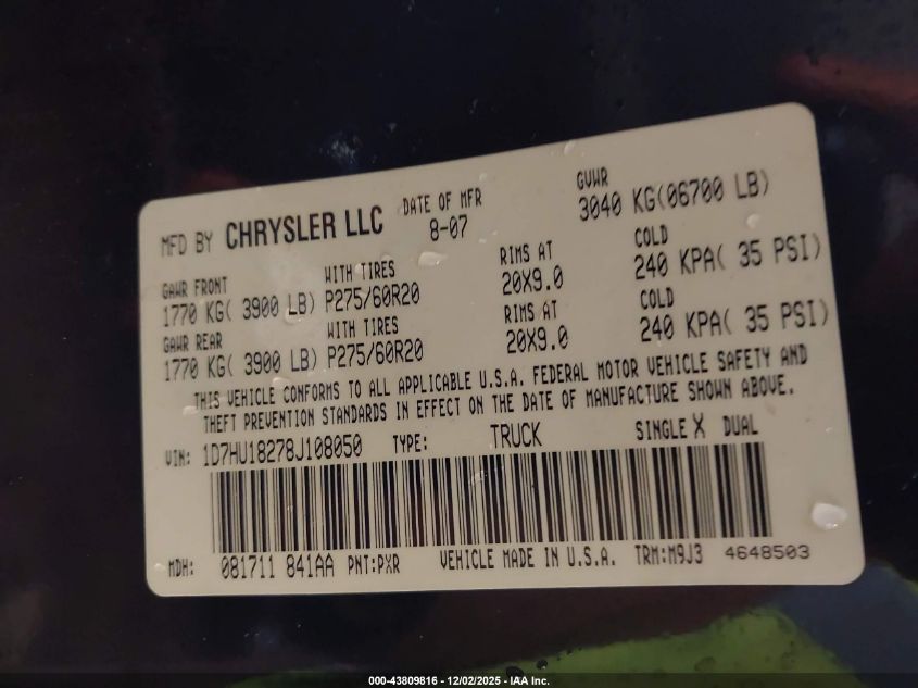 2008 Dodge Ram 1500 Slt VIN: 1D7HU18278J108050 Lot: 43809816