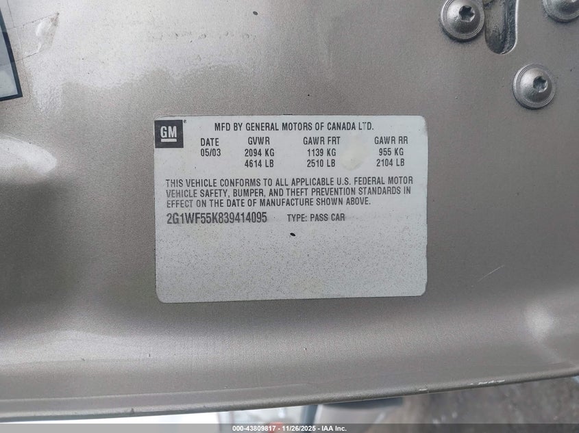 2002 Chevrolet Impala VIN: 2G1WF55E129131515 Lot: 43809817