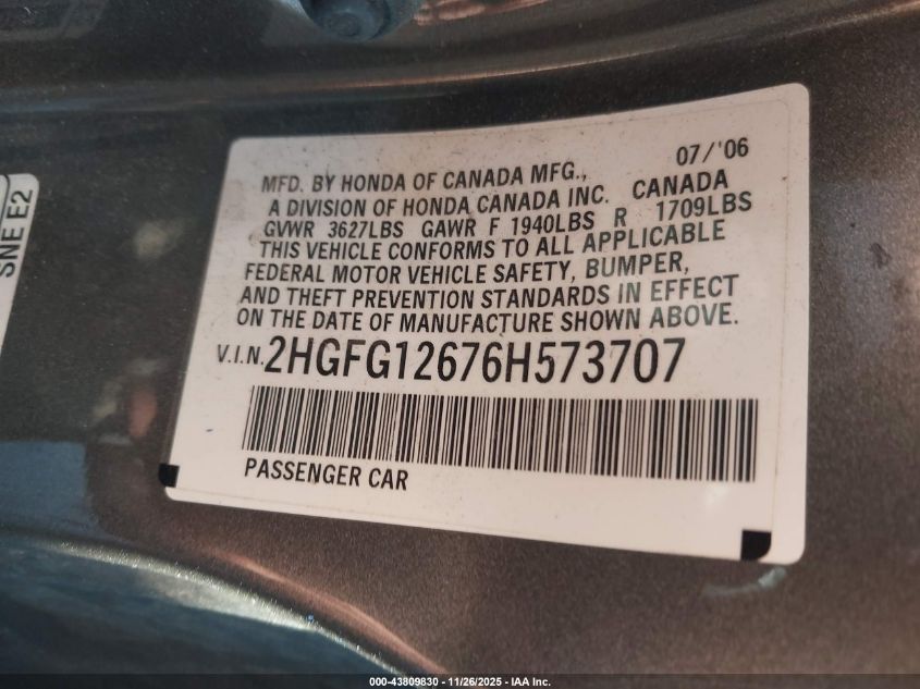 2006 Honda Civic Lx VIN: 2HGFG12676H573707 Lot: 43809830