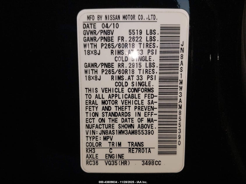 2010 Infiniti Fx35 VIN: JN8AS1MW3AM855390 Lot: 43809834