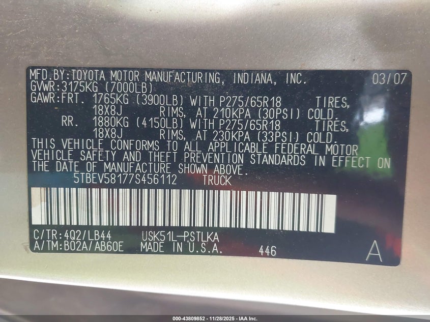 2007 Toyota Tundra Limited 5.7L V8 VIN: 5TBEV58177S456112 Lot: 43809852