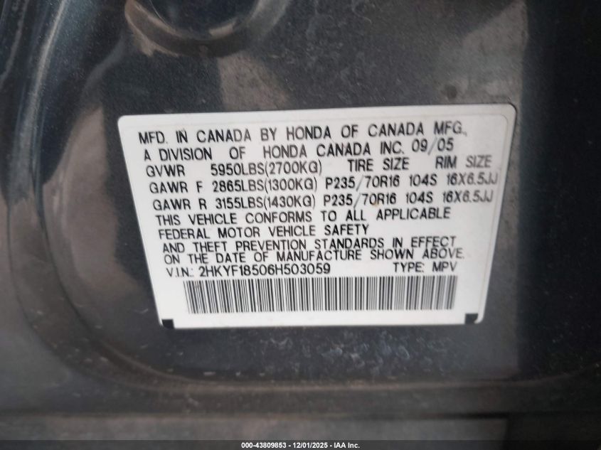 2006 Honda Pilot Ex-L VIN: 2HKYF18506H503059 Lot: 43809853