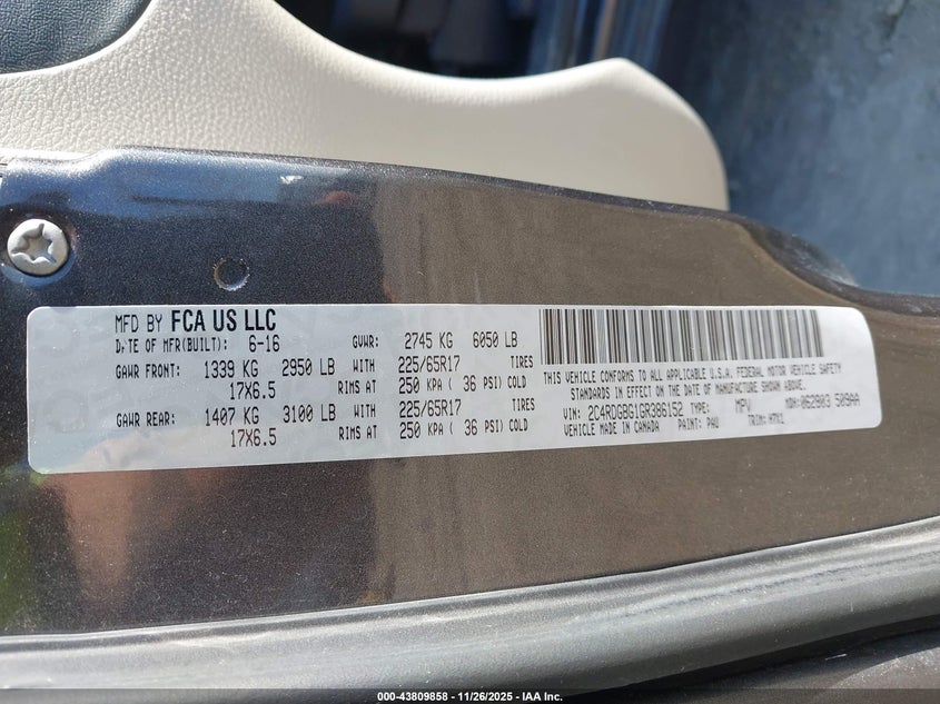 2016 Dodge Grand Caravan American Value Pkg VIN: 2C4RDGBG1GR386152 Lot: 43809858