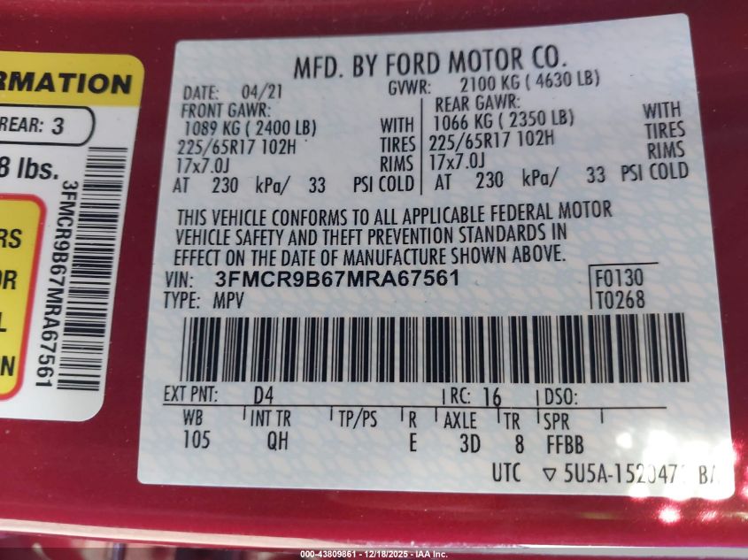 2021 Ford Bronco Sport Big Bend VIN: 3FMCR9B67MRA67561 Lot: 43809861