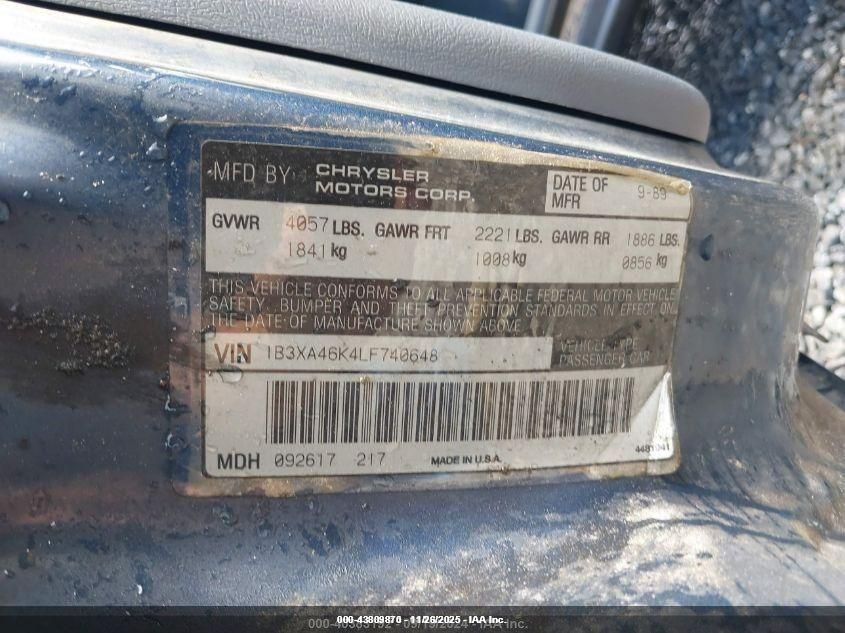1990 Dodge Spirit VIN: 1B3XA46K4LF740648 Lot: 43809870